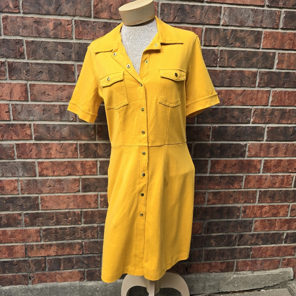 New York & Company Shirt Dress Yellow Snap Down Front Short Sleeves Size Medium